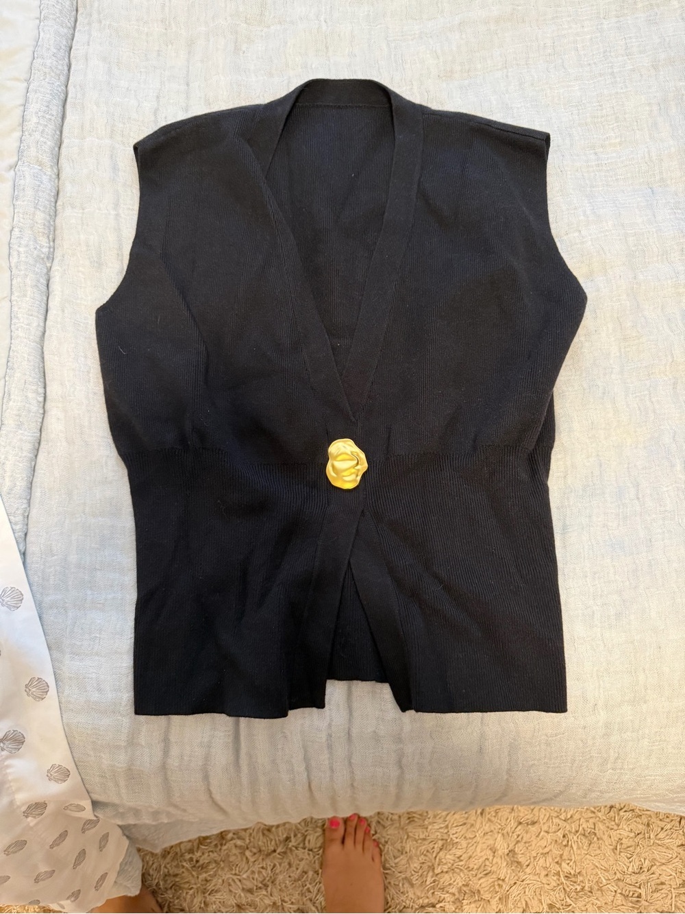 Commense Black Sleeveless Knit Vest with Gold Floral Button